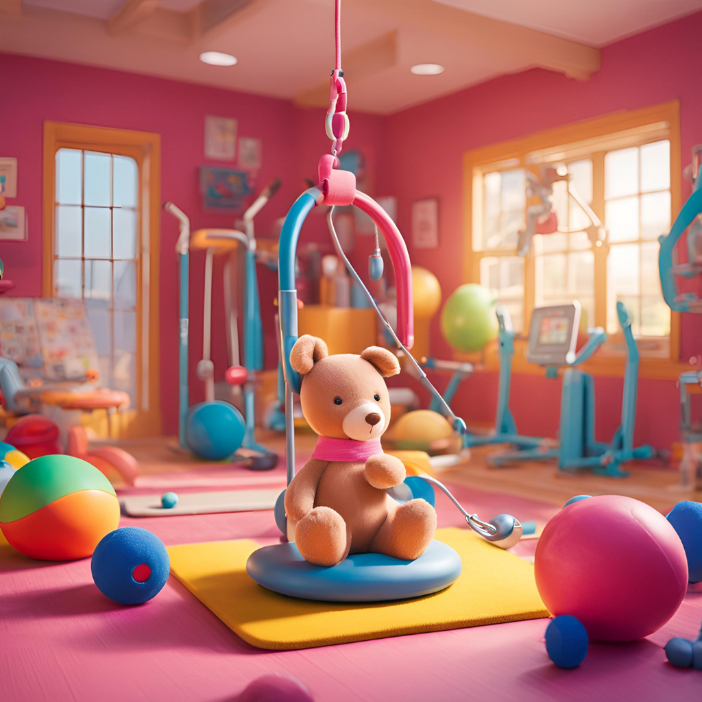 a plush toy in the gym with pink walls 