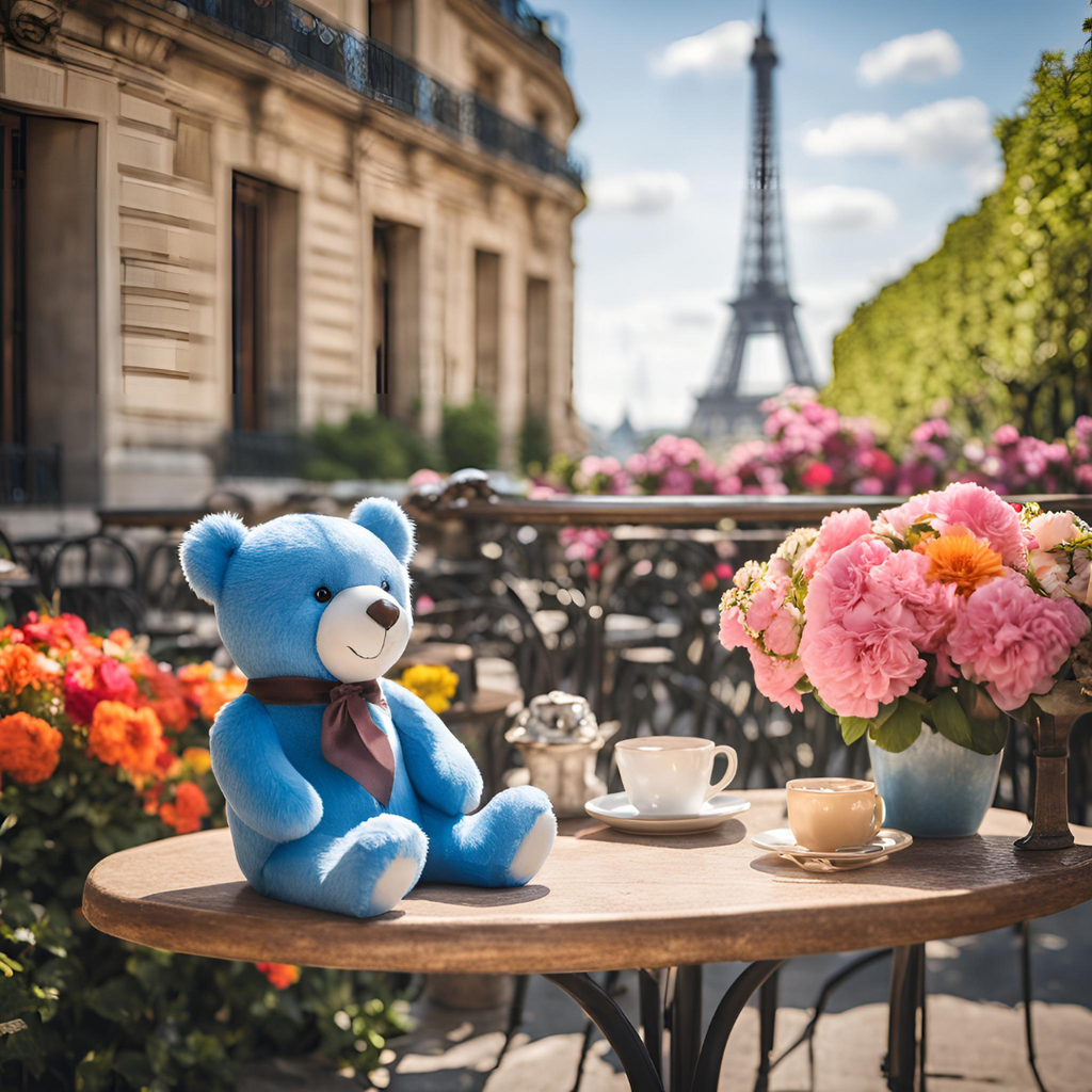 a plush toy of a bear thats blue sitting on a table in Paris in front of the Eiffel tower