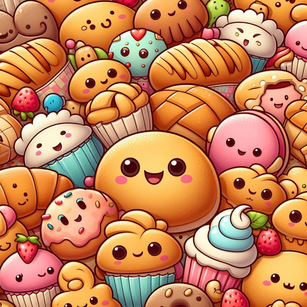 Smiling bakery plush toys, cupcakes, croissants, baguettes, buns