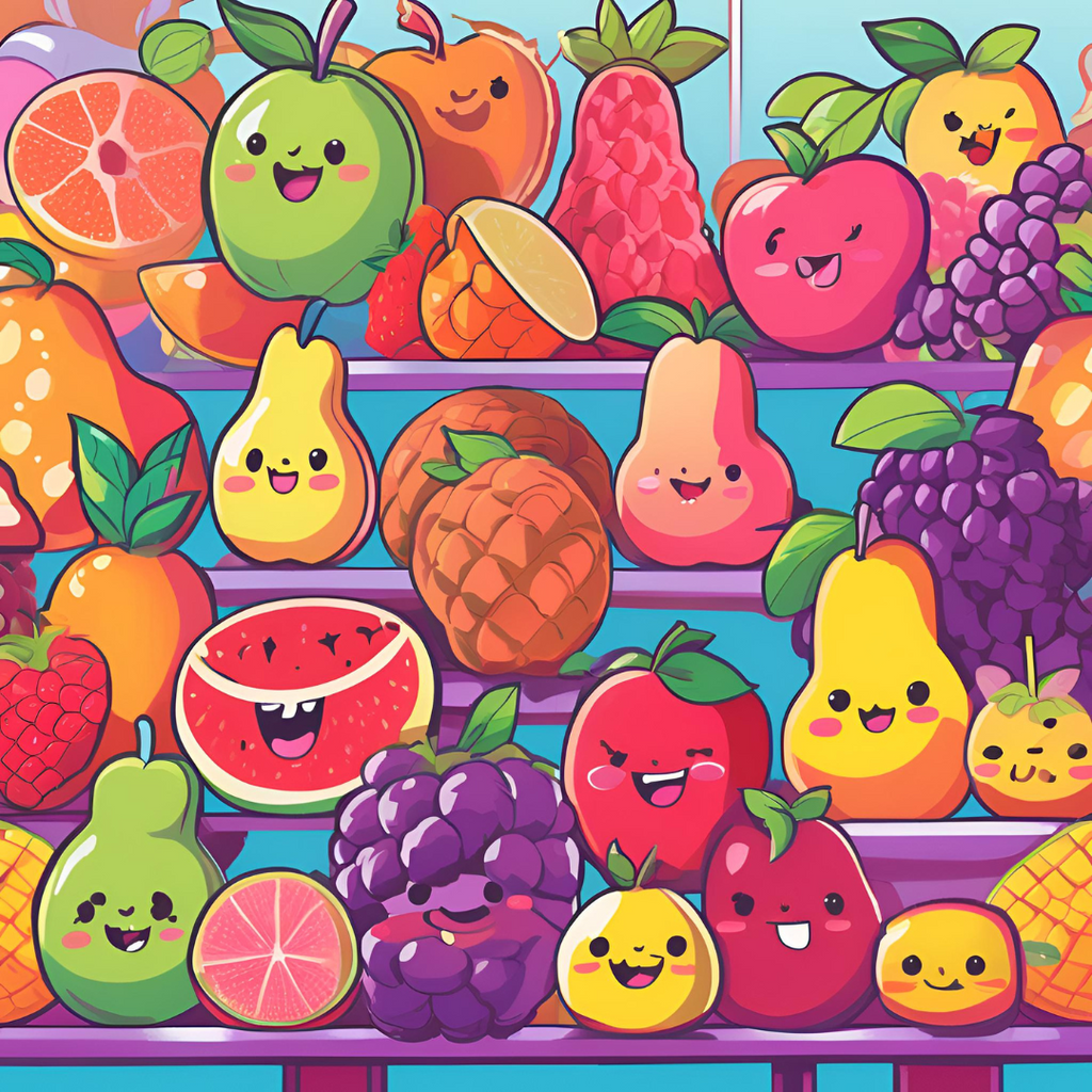 a cartoon image of a lot of fruits as plush toys on a bench