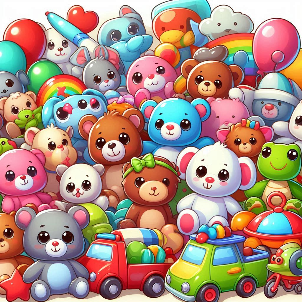 A lot of plush toys, car, bus, bear, cat, turtle, frog, cloud, balloons, bunny, rabbit, rainbow, rocket, pink, green, blue, red, brown, yellow, orange, black, white, purple, turquoise, hat, bow