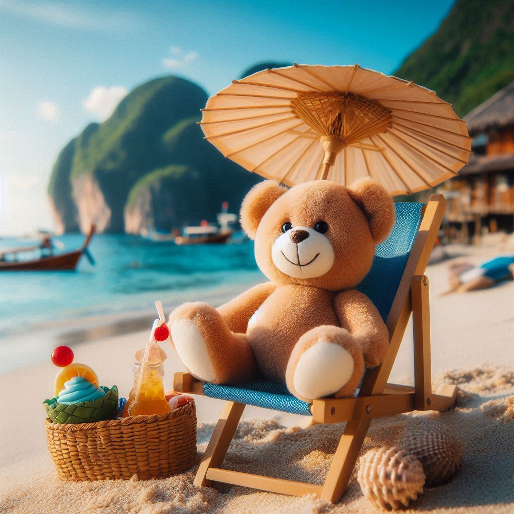 Plush toy of a bear on vacation